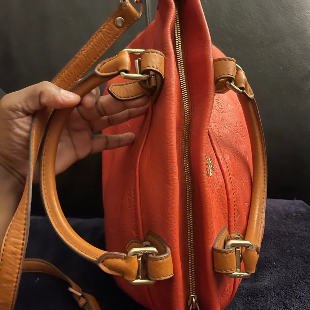 MCM Orange Embossed Leather Medium Two-way Bag W/ Detachable Strap EUC